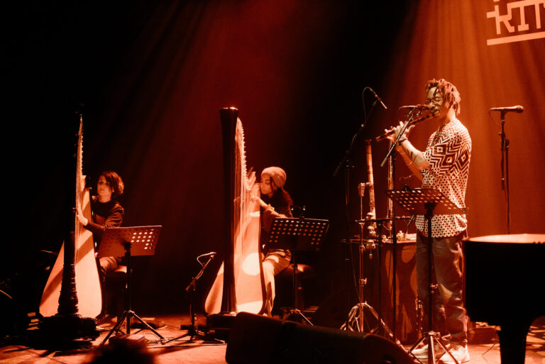 Drie muzikanten spelen op harpen en een blaasinstrument in een sfeervolle, verlichte concertomgeving.