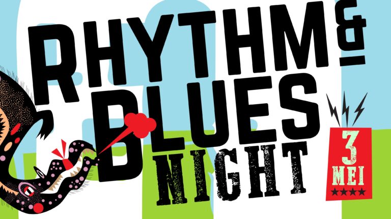 Grafische aankondiging voor een Rhythm & Blues Night op 3 mei, met opvallende typografie en kleurrijke achtergrond.
