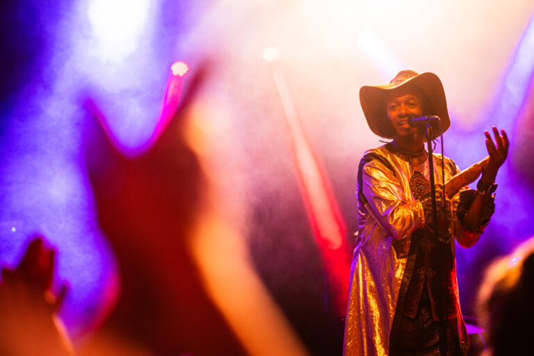 Een artiest in een glinsterende outfit poseert op het podium met een microfoon, terwijl het publiek enthousiaste handen omhoog steekt in een sfeervolle lichtshow.