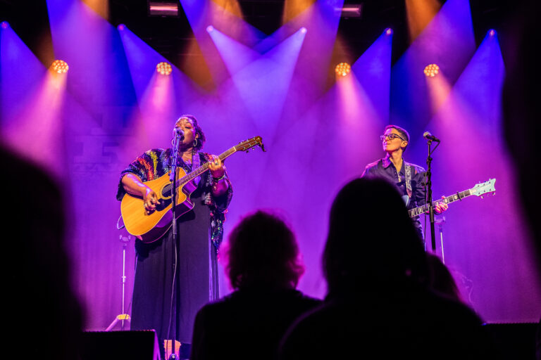 Twee muzikanten treden op op een podium, omringd door kleurechte lichten.