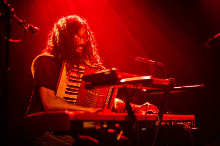 Een muzikant speelt op een accordeon en een toetsenbord, omringd door een rode belichting.