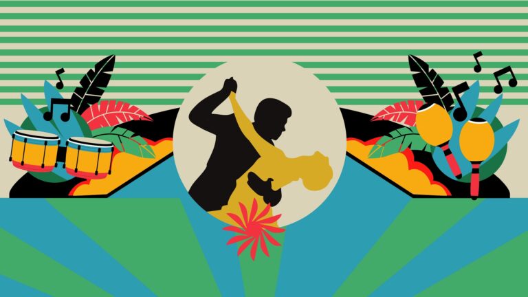 Zwart silhouet van een dansende figuur in een gele zon, omgeven door een kleurrijk geometrisch landschap.