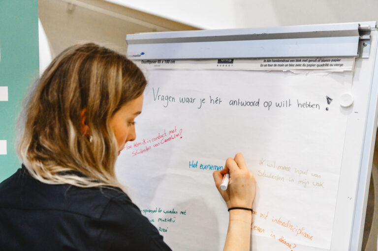 Een vrouw schrijft met een marker op een groot vel papier dat aan een whiteboard is bevestigd.