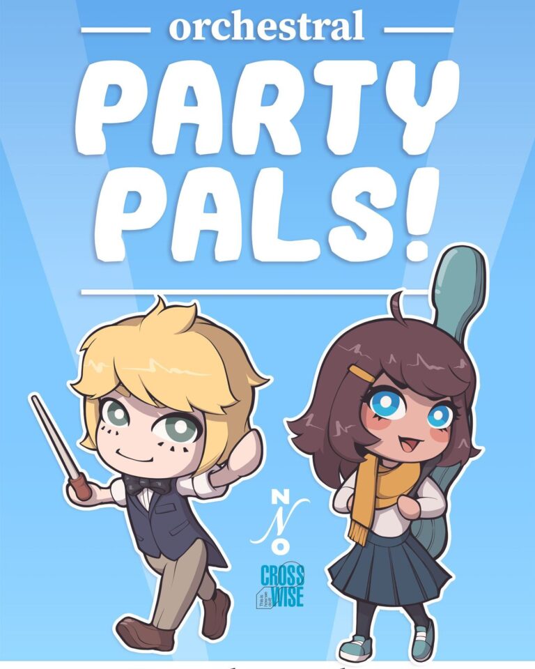 Twee schattige, cartoonachtige personages staan naast elkaar met muziekinstrumenten, onder de tekst