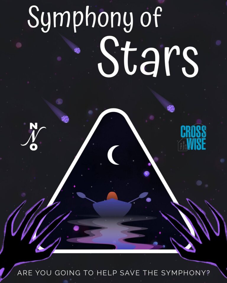 Een stilistisch ontwerp met een driehoekige vorm waarin een persoon aan de waterkant zit, omringd door sterren en handvormige silhouetten, met de tekst