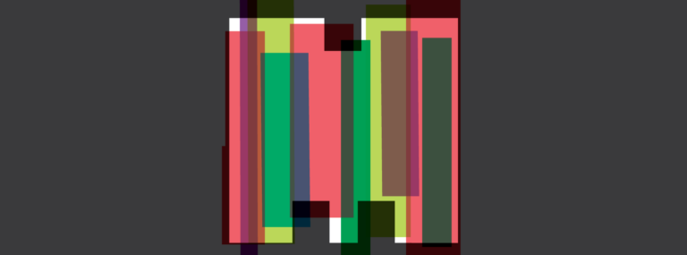 Abstracte afbeelding met meerdere doorzichtige, kleurrijke verticale stroken die elkaar overlappen.