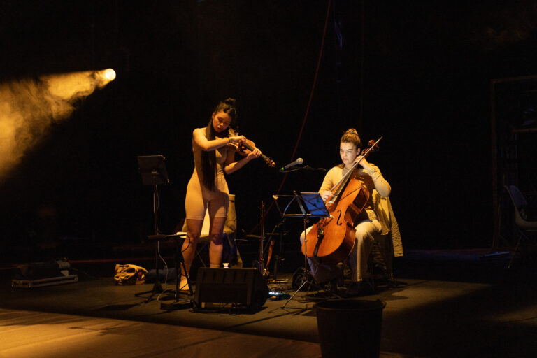 Twee muzikanten spelen een viool en een cello op een donker podium tijdens een liveoptreden.