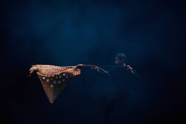 Een persoon trekt een kleurrijke, stippenpatroonachtige doek door een donkere, mistige omgeving.