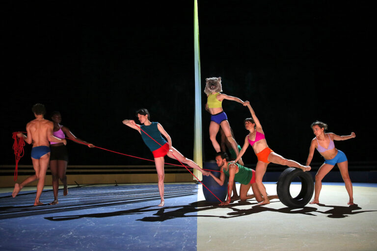 Vijf acrobaten voeren een dynamische groepsroutine uit met een tire en een lange stok op een houten vloer.