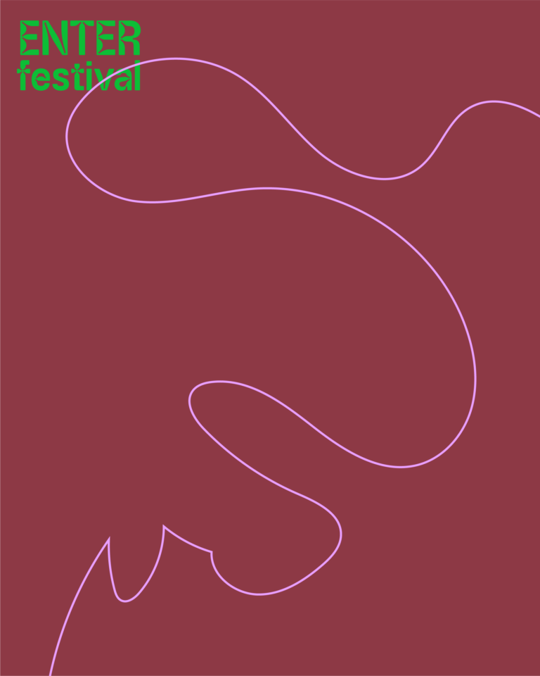 Abstract ontwerp met vloeiende lijnen en een paarse achtergrond, met het woord 'festival' in groene tekst.