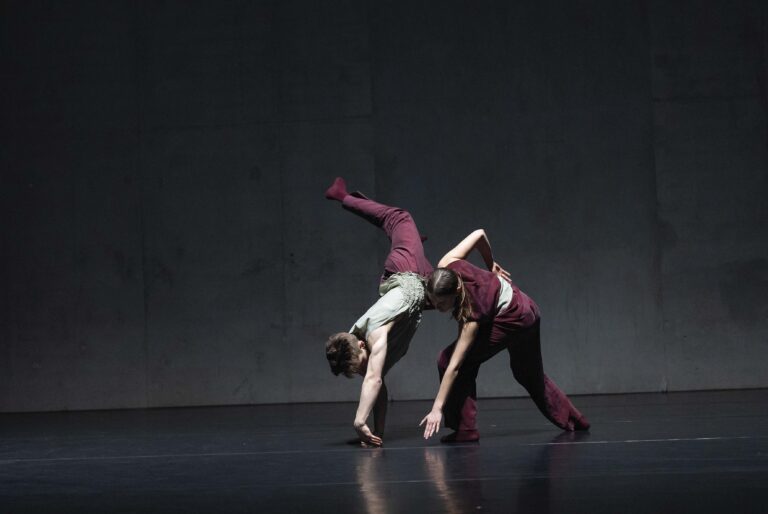 Twee dansers voeren een duet uit op een donker podium.
