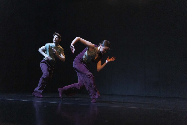 Twee dansers in paarse kleding voeren een expressieve moderne dans uit op een donker podium.