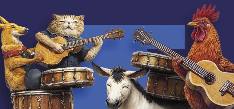 Een kat die een gitaar speelt, met een geit en twee trommels op de achtergrond.