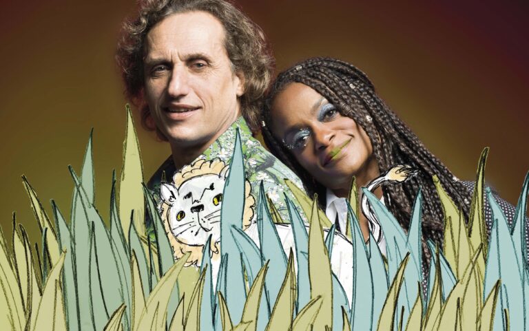 Illustratie van een man en een vrouw die in hoog gras staan in een kleurrijke, warme veldscène.