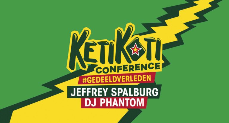 Poster met groene achtergrond en een diagonale gele bliksemschicht, met de titel Ketikati Conference en de lineup Jeffrey Spalburg en DJ Phantom.