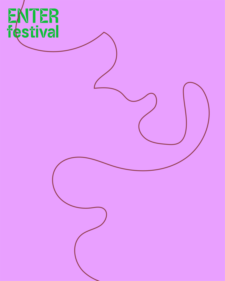 Een abstracte afbeelding met een paarse achtergrond en een golvende, lijntekening van een pad.