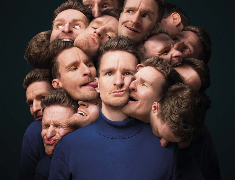 Een creatieve afbeelding met meerdere gezichten die uit één centraal gezicht lijken te komen, met verschillende expressies en poses.