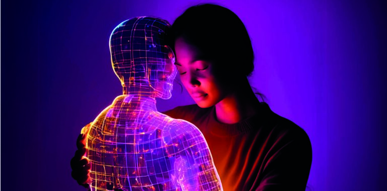 Twee mensen staan naast elkaar voor een neonpaars/oranje achtergrond; één persoon is weergegeven als een holografische wireframe-figuur.