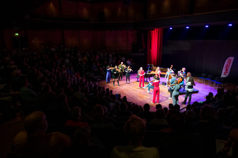 Een live optreden op een podium met meerdere artiesten en een volle zaal.
