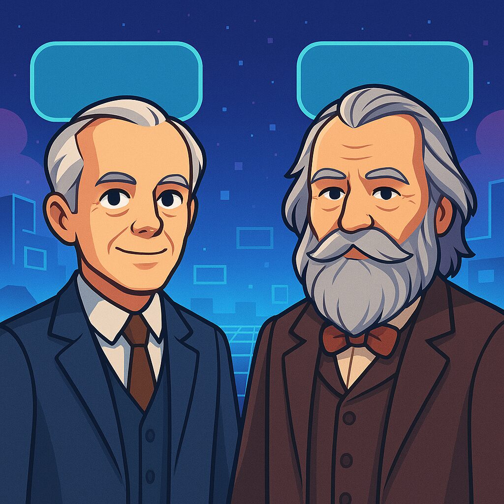 Vriendelijke cartoonversie van Béla Bartók en Johannes Brahms in een futuristische, videogame-achtige omgeving met neonblauwe accenten en digitale tekstballonnen op de achtergrond.