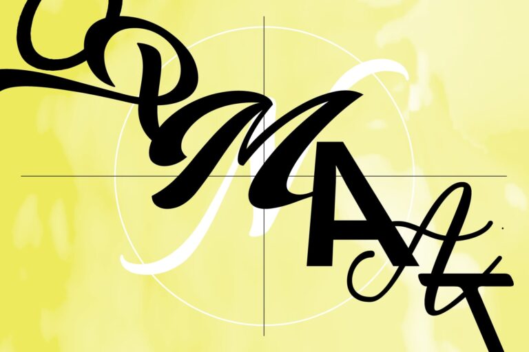 Abstract ontwerp met gestileerde letters in zwart op een gele achtergrond.