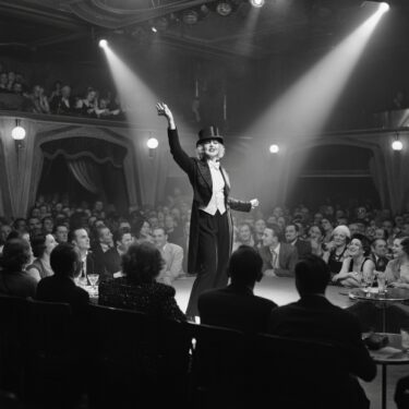 Marlene Dietrich in de spotlight tijdens optreden in nachtclub.