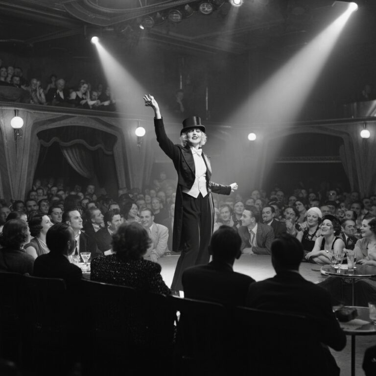 Marlene Dietrich in de spotlight tijdens optreden in nachtclub.