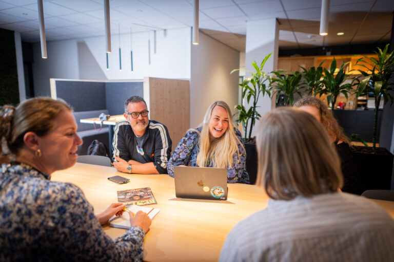 Een groep mensen zit in een vergaderruimte rondom een tafel met een open laptop in het midden.